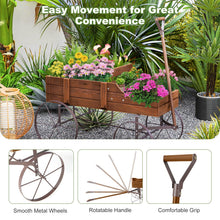 Load image into Gallery viewer, Rustic Wooden Wagon Planter, Decorative Garden Flower Cart with Metal Wheels &amp; Adjustable Handle, Large Raised Bed Plant Stand for Patio Yard