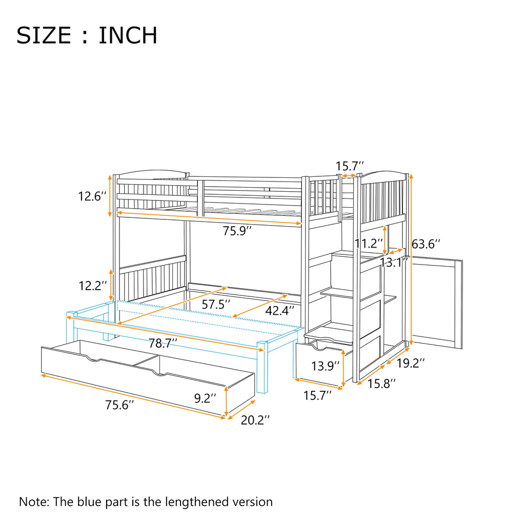 AECOJOY Twin over Full/Twin Convertible Bunk Bed with Storage Shelves and Drawers, Grey
