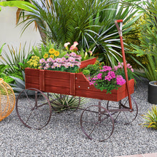 Load image into Gallery viewer, Rustic Wooden Wagon Planter, Decorative Garden Flower Cart with Metal Wheels &amp; Adjustable Handle, Large Raised Bed Plant Stand for Patio Yard