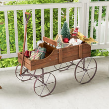 Load image into Gallery viewer, Rustic Wooden Wagon Planter, Decorative Garden Flower Cart with Metal Wheels &amp; Adjustable Handle, Large Raised Bed Plant Stand for Patio Yard