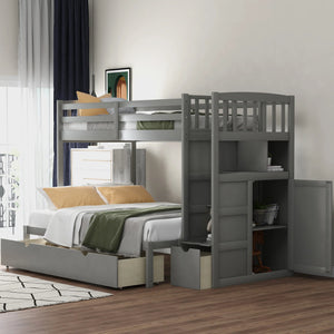 AECOJOY Twin over Full/Twin Convertible Bunk Bed with Storage Shelves and Drawers, Grey