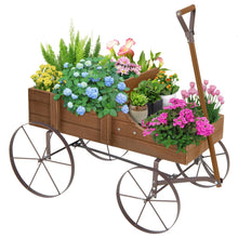 Load image into Gallery viewer, Rustic Wooden Wagon Planter, Decorative Garden Flower Cart with Metal Wheels &amp; Adjustable Handle, Large Raised Bed Plant Stand for Patio Yard