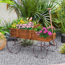 Load image into Gallery viewer, Rustic Wooden Wagon Planter, Decorative Garden Flower Cart with Metal Wheels &amp; Adjustable Handle, Large Raised Bed Plant Stand for Patio Yard